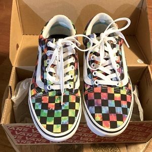 Rainbow tie-die checkered Vans, size 7 Women or 5.5 Men